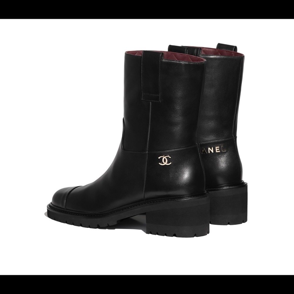 CHANEL Black Leather Mid-Calf Ankle Boots with Gold CC Logo
